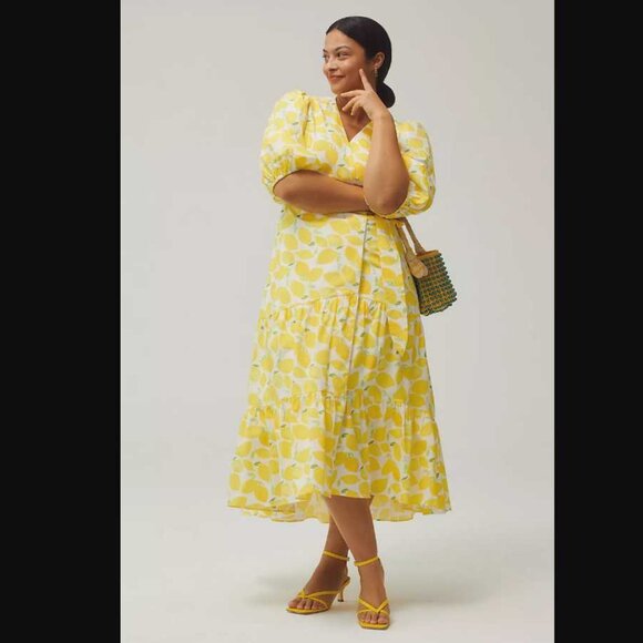Plus 3X Hutch x Anthropologie lemon print tiered wrap midi dress - Picture 1 of 14